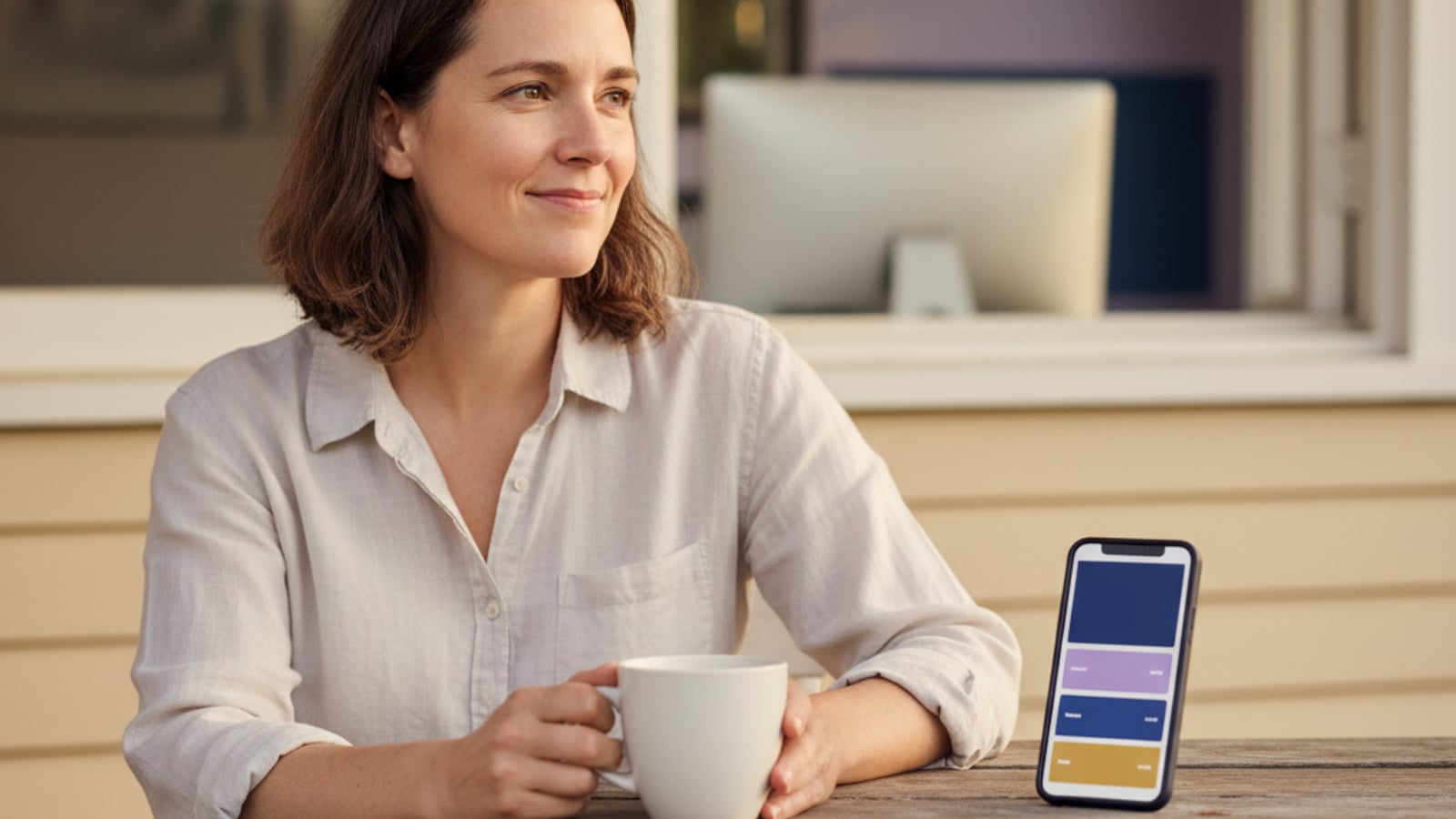 A relaxed small business owner in Sewell, NJ, sips coffee on their porch, enjoying calm after successful business automation services.