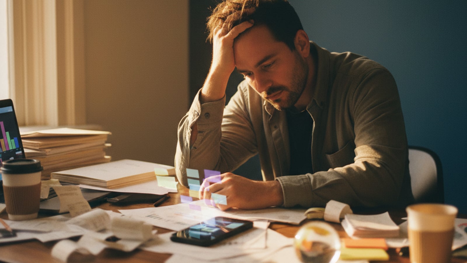 Tired Sicklerville, NJ small business owner at a buzzing phone and cluttered desk, overwhelmed by manual tasks — business automation services.