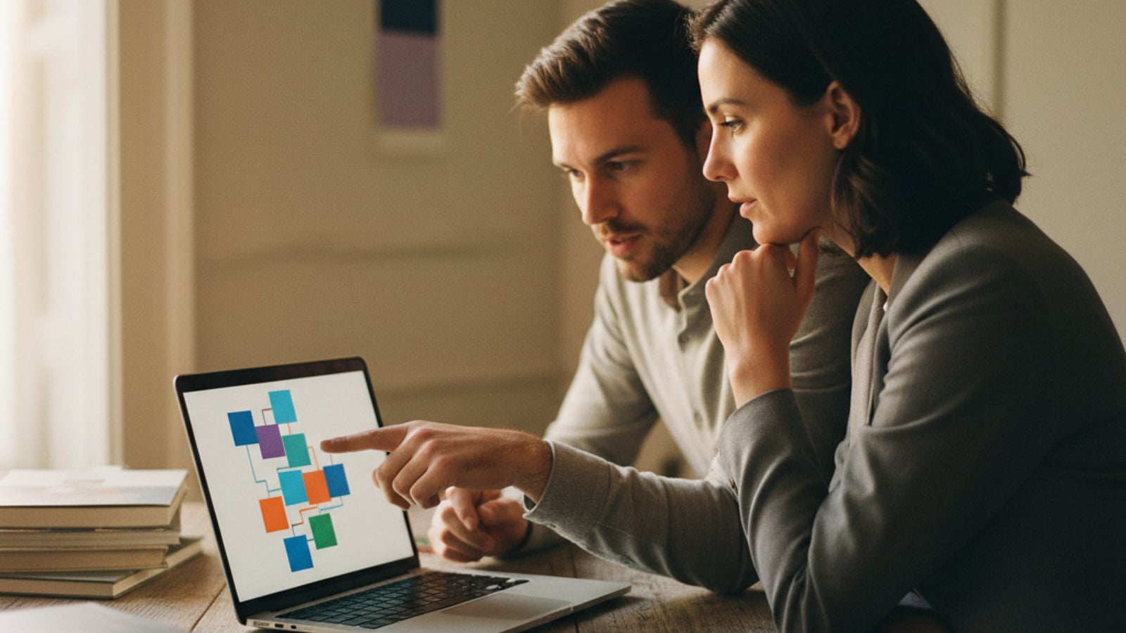 Two focused developers collaborate on a laptop screen displaying colorful abstract data flows, building custom business automation services.