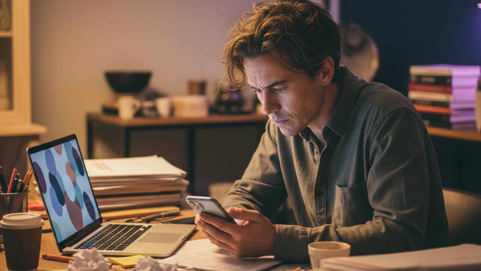 A weary Turnersville, NJ small business owner, late at night, stares at a phone, overwhelmed, needing automation services.
