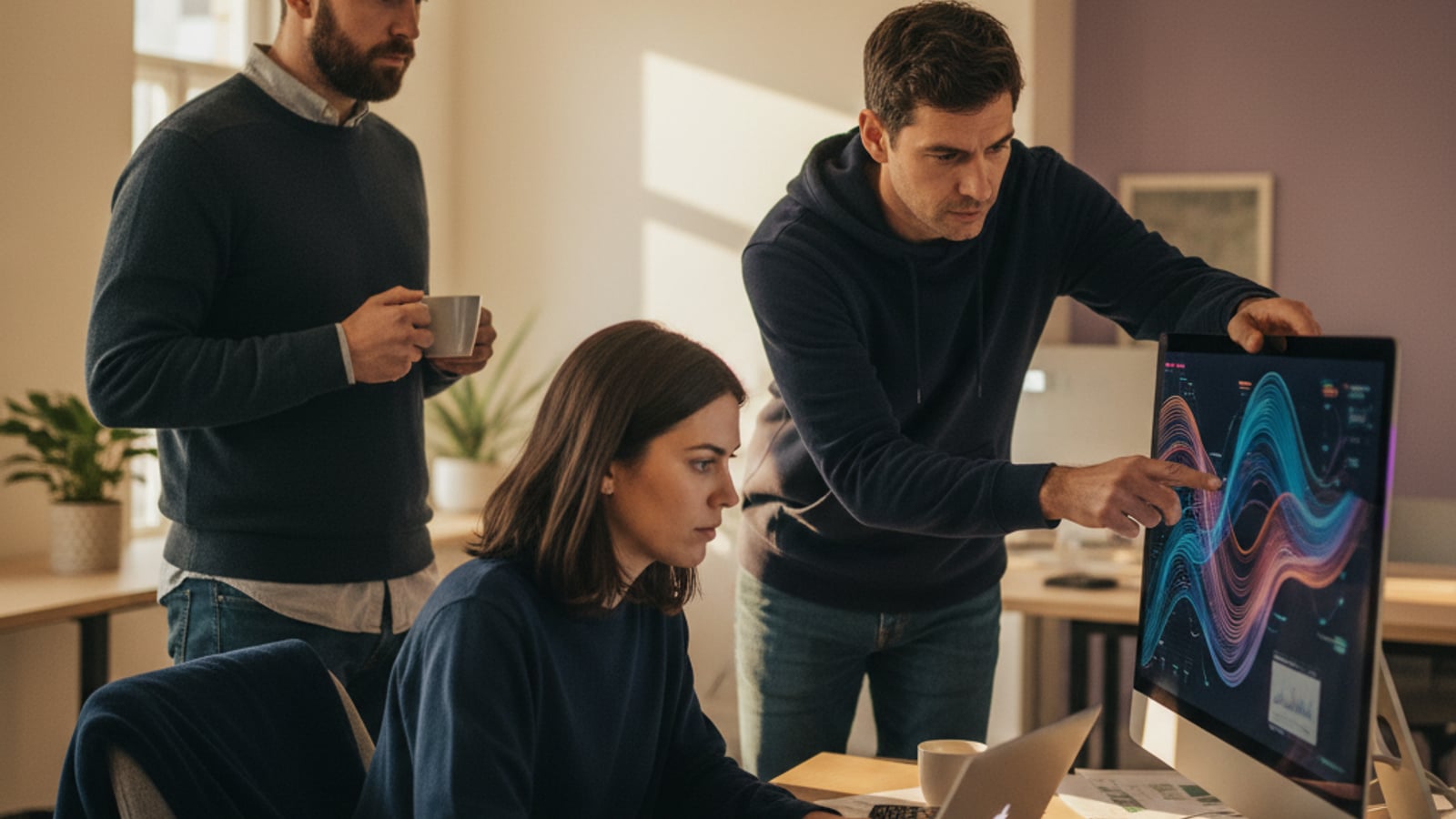 A focused team collaborates around a monitor with colorful data, building business automation for Turnersville, NJ.
