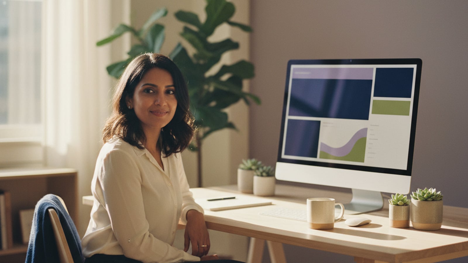 A calm Turnersville, NJ small business owner smiles at a clean desk, enjoying peace of mind with automation services.