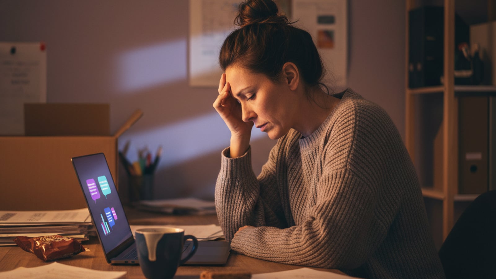 Tired small business owner rubs temples, face lit by a laptop, overwhelmed by after-hours messages — business automation services in Vineland, NJ.