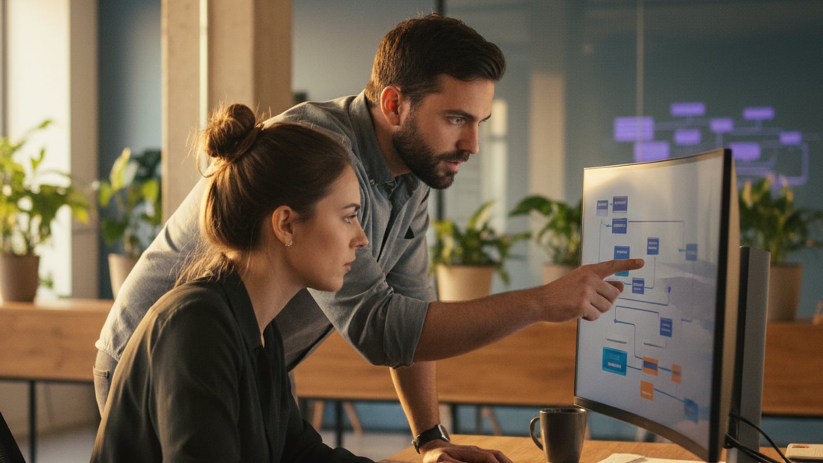 Two team members collaborate on a monitor displaying data flows, building custom business automation services for a Vineland, NJ client.