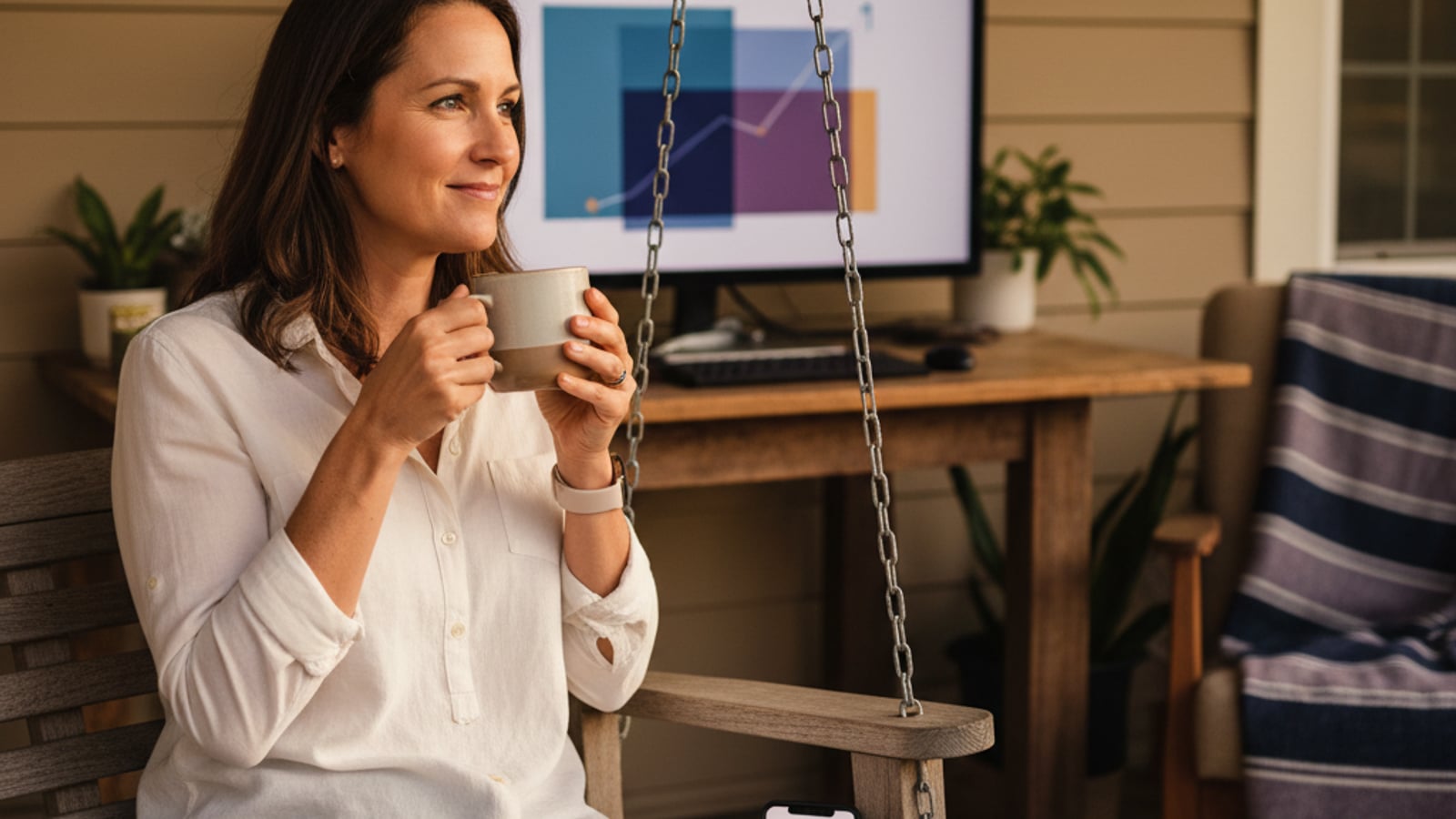 Calm Vineland small business owner sips coffee on her porch, phone showing a clean dashboard — evenings back thanks to business automation services.