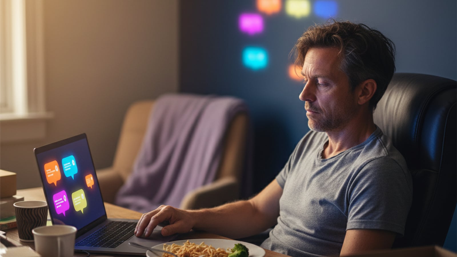 An overwhelmed Voorhees, NJ small business owner works late, surrounded by digital clutter, seeking business automation services.