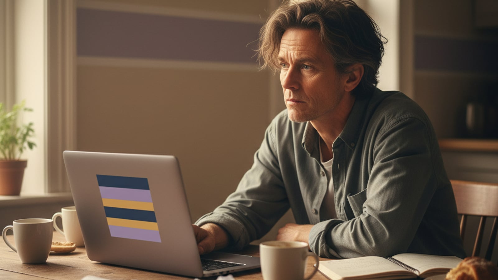 An exhausted small business owner works late at a kitchen table, laptop screen blurred with tasks, highlighting manual business automation challenges.