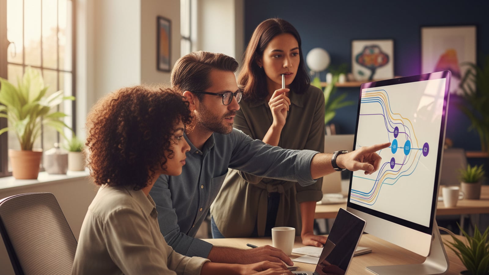 A small team collaborates intently around a monitor displaying colorful, abstract flow diagrams for new business automation services.