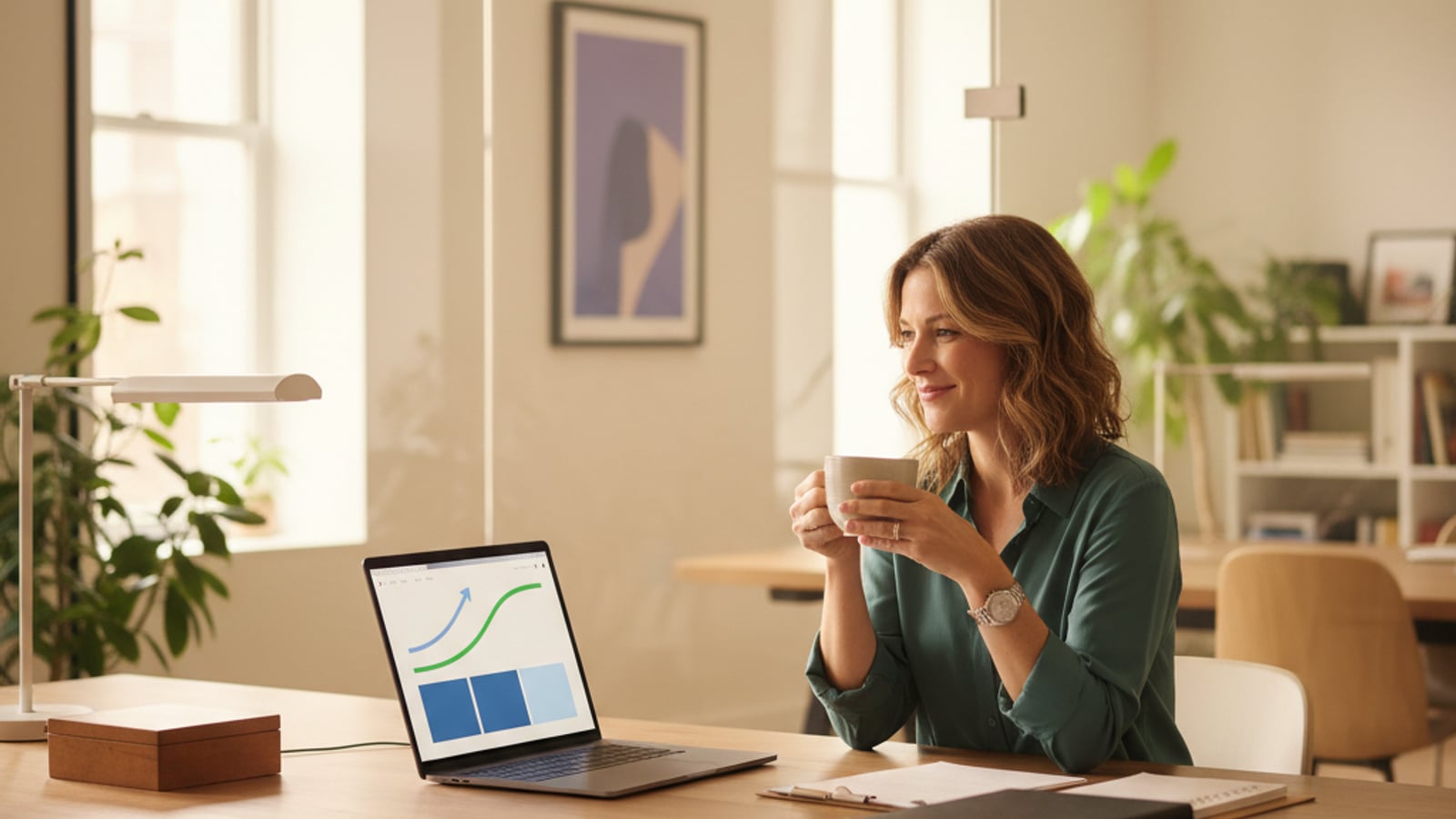 A calm business owner sips coffee, smiling at a laptop displaying a clean, color-blocked dashboard, showing successful business automation.