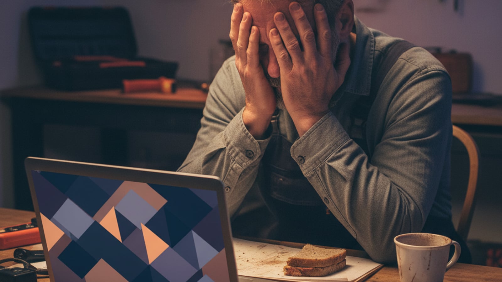 Weary small business owner at a cluttered kitchen table late at night, overwhelmed by tasks — needing business automation services Westville NJ.