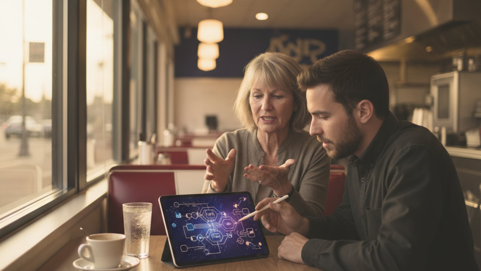 Two people at a diner booth collaborate on a tablet, gesturing over workflow diagrams — local business automation services in Westville NJ.