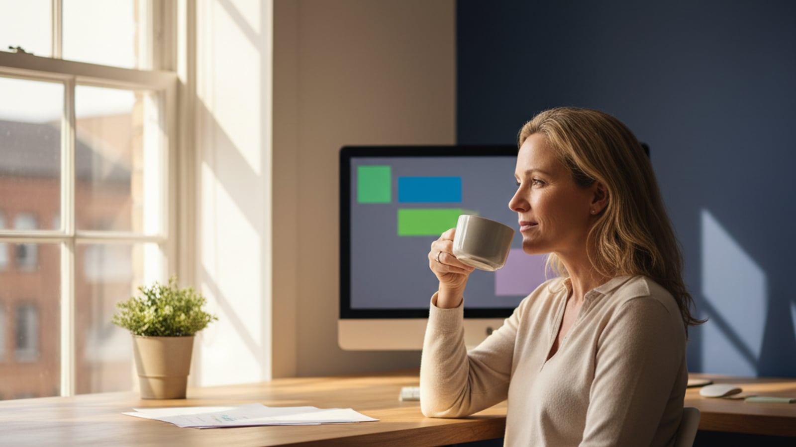 Relaxed small business owner sips coffee in a sunlit, organized office — calm from business automation services Westville NJ.