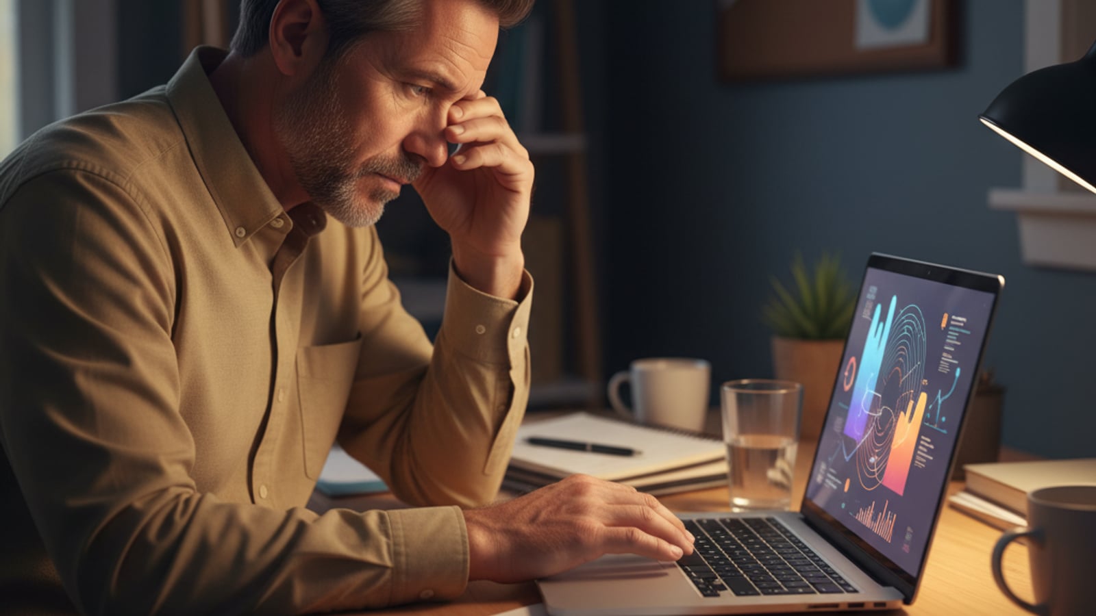 A stressed Williamstown small business owner works late in a dim home office, overwhelmed by tasks, needing business automation services.
