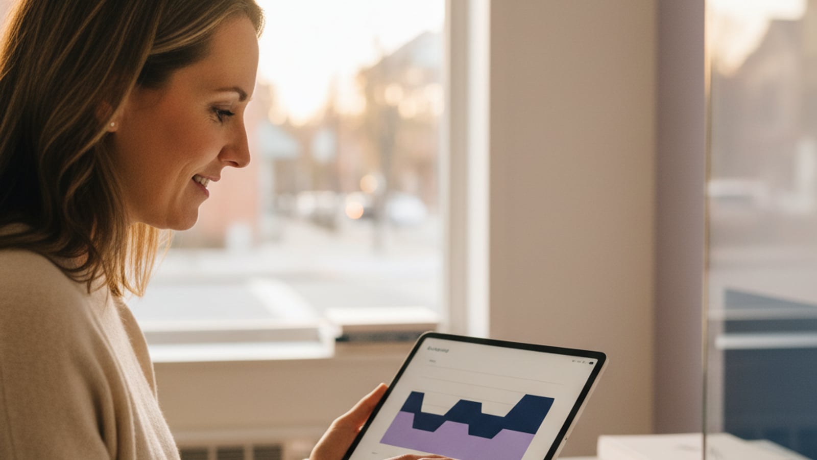 A confident Williamstown business owner smiles, reviewing streamlined operations on a tablet, enjoying effective automation services.