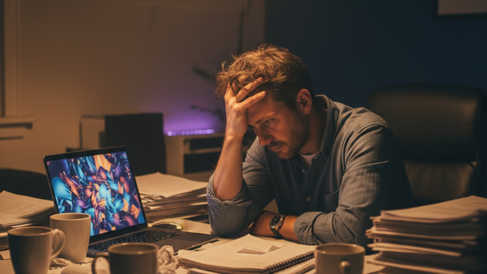 Exhausted small business owner rubs temples at a cluttered desk late, overwhelmed by tasks — needs business automation services Willingboro NJ.