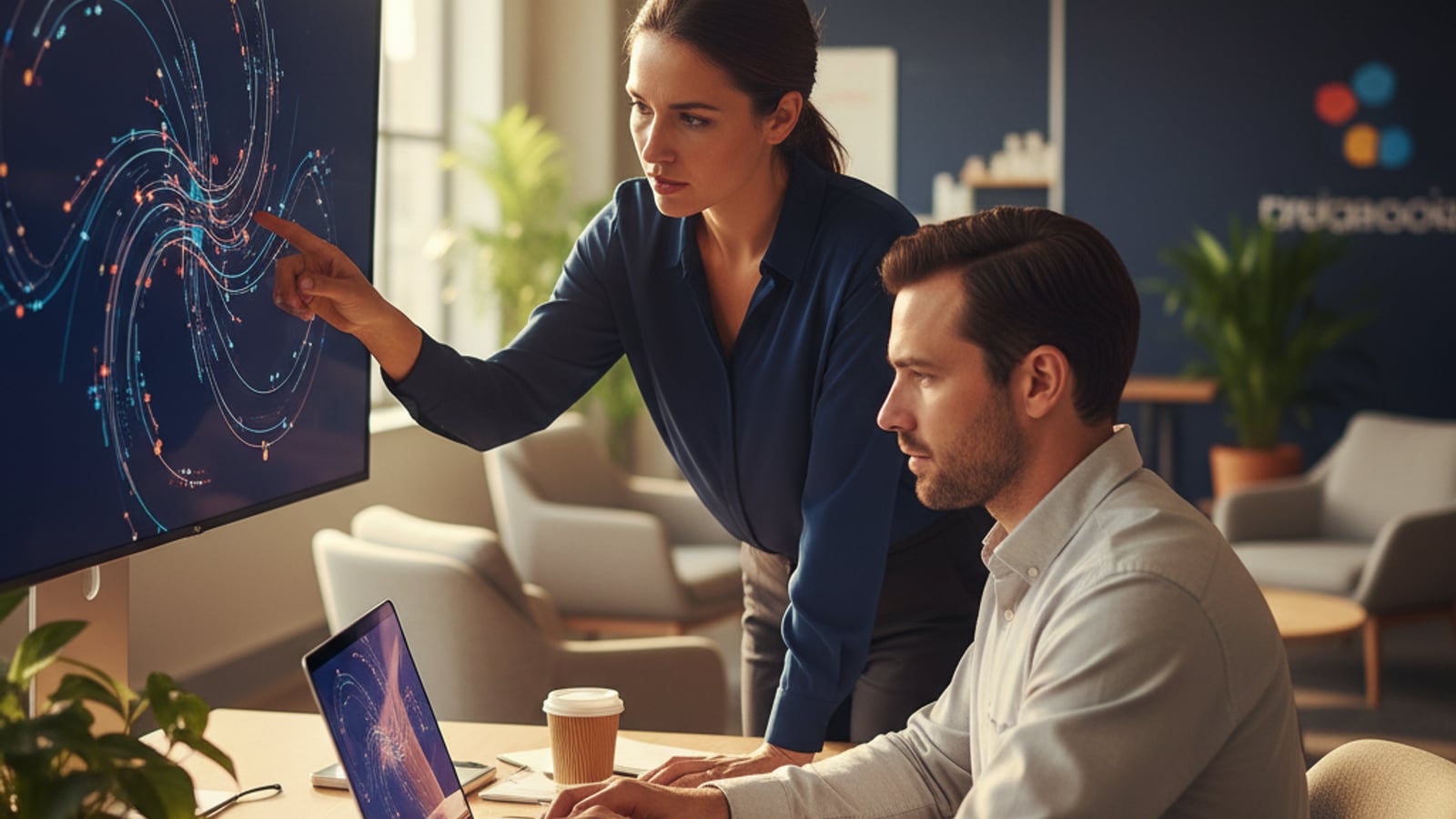 Two focused team members collaborate on a colorful, abstract digital flow chart, working to implement effective business automation services.
