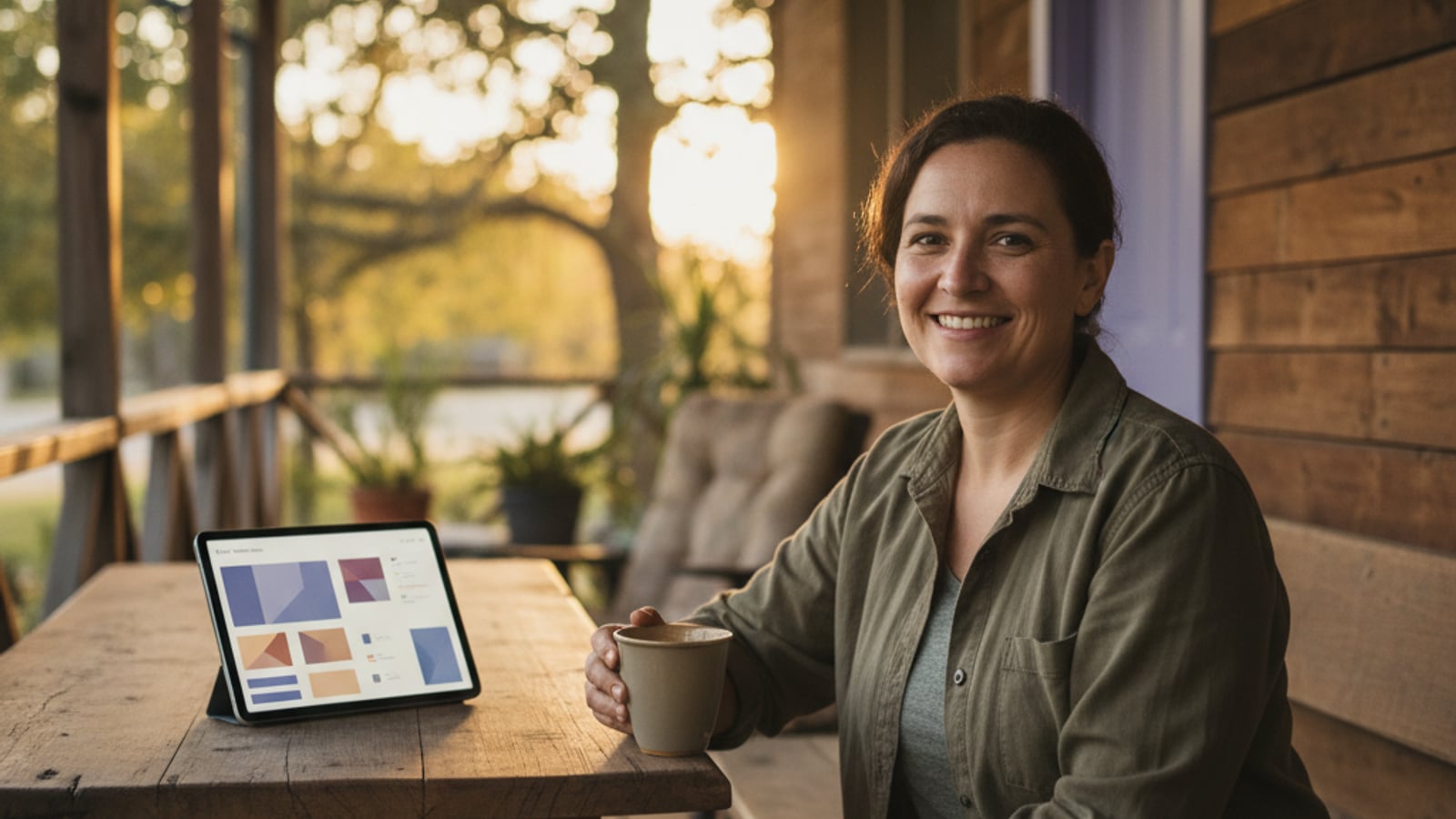 Calm small business owner sips coffee on a porch at sunset, a clean dashboard on a tablet — peace from business automation services Willingboro NJ.