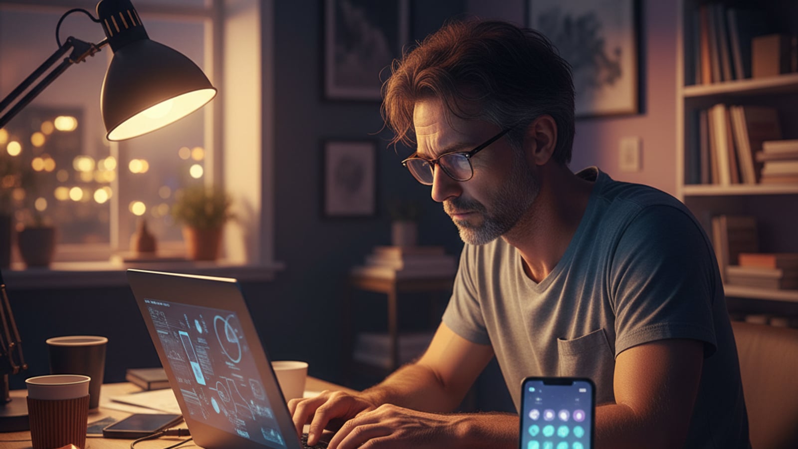 A tired small business owner, late at night, stares at a glowing phone with missed inquiries, needing business automation.