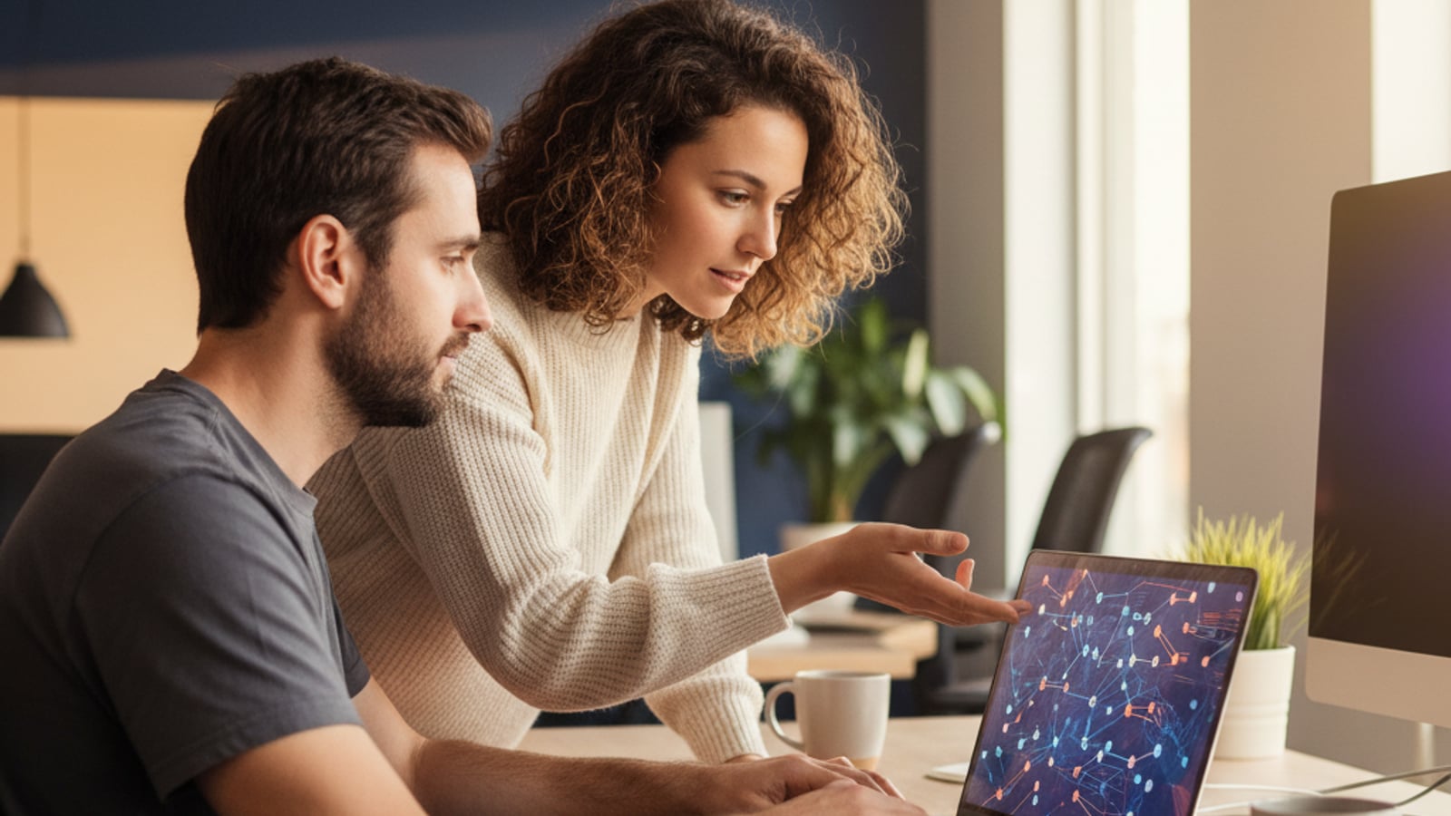 A small team collaborates, one typing on a laptop with colorful abstract shapes, building business automation solutions.