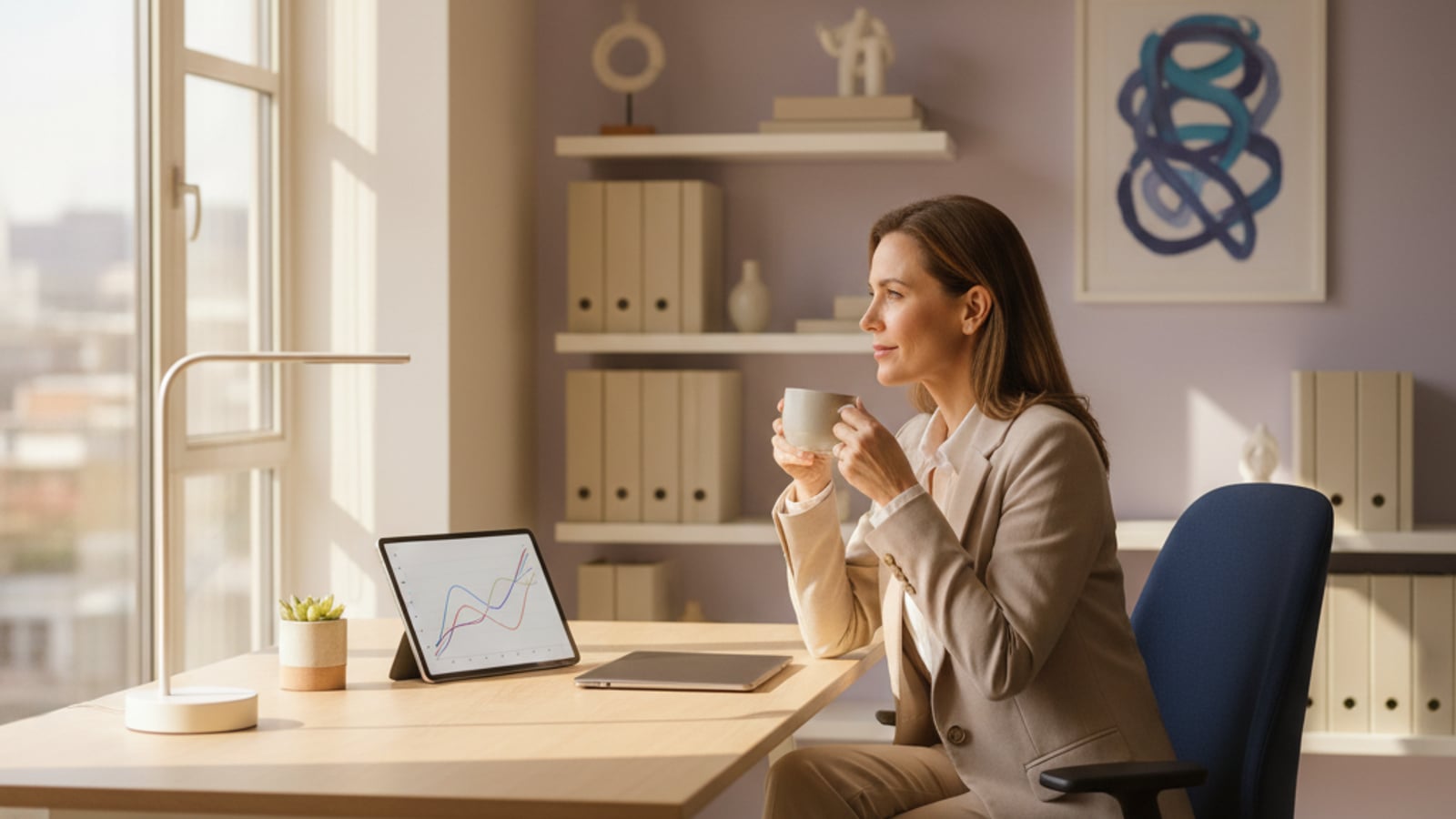 A calm small business owner sips coffee in a quiet, organized office, enjoying peace of mind thanks to automation.