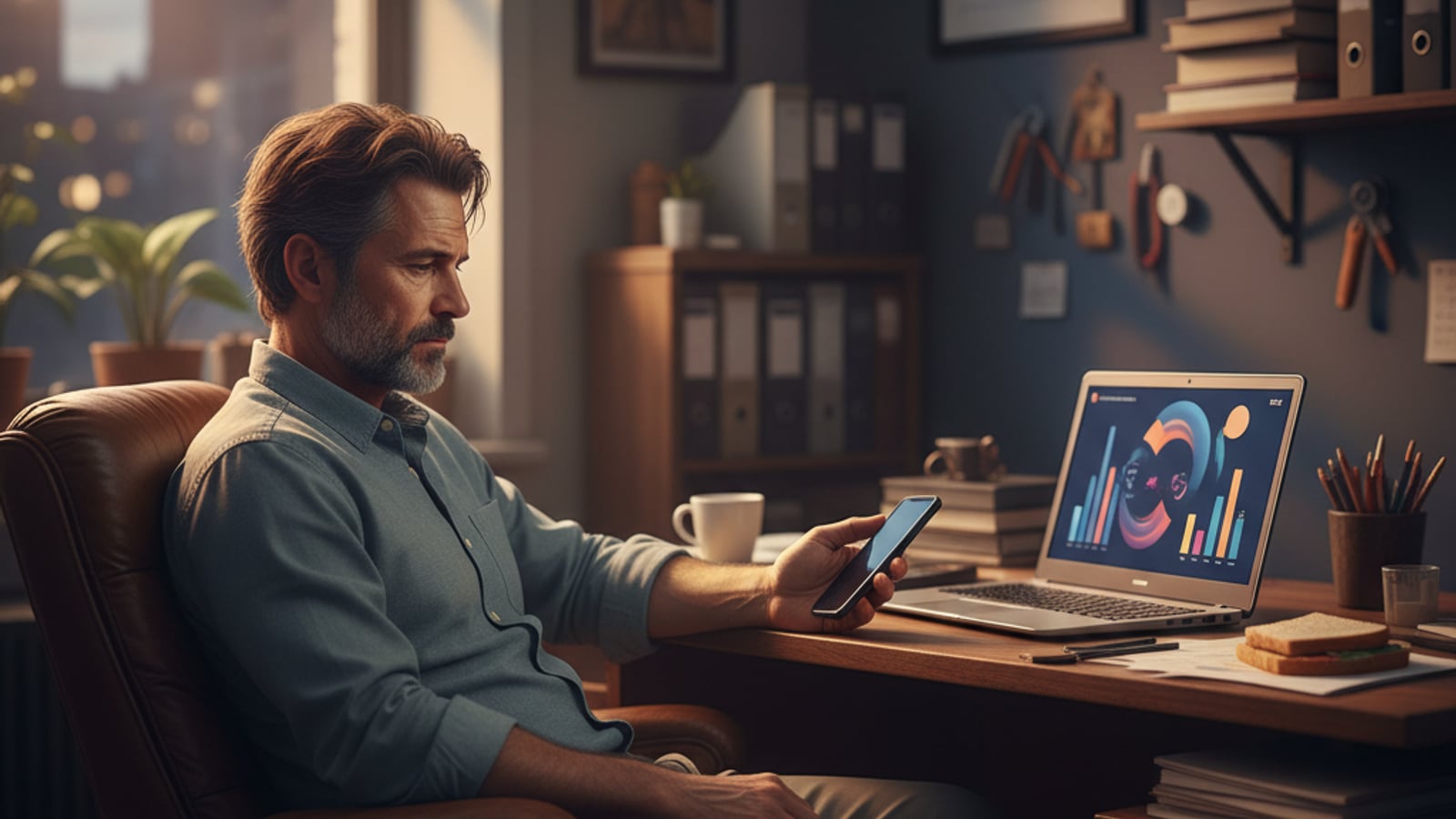 Tired small business owner in a dark office, staring at silent phone and laptop, missing customers — needs an ai chat assistant for small business.