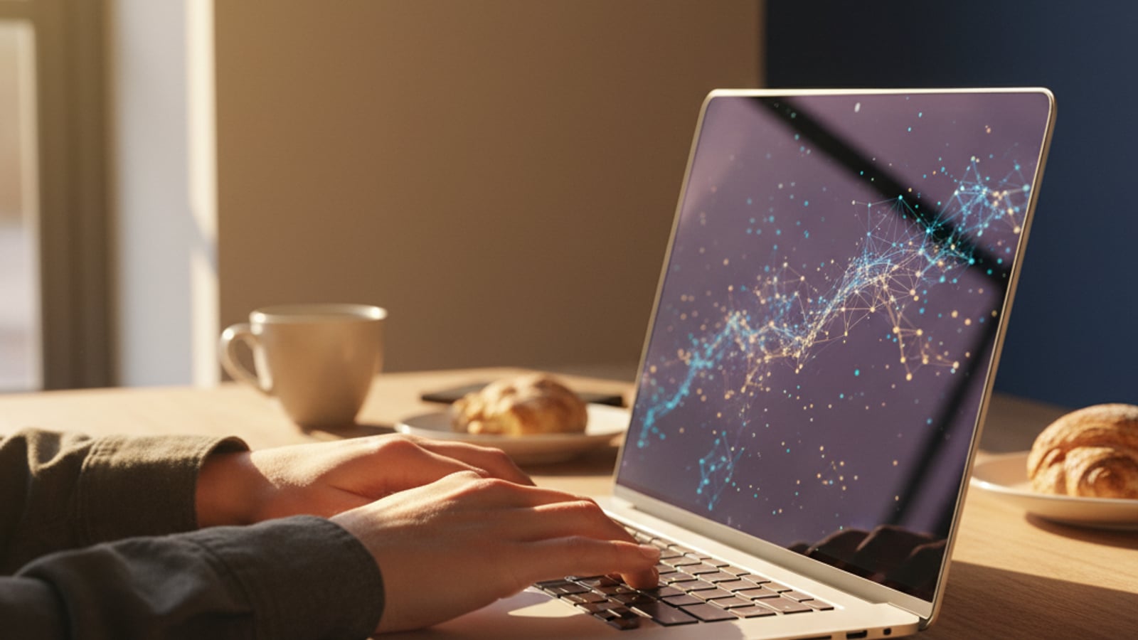 Hands type on a laptop, screen showing abstract data flows, representing the powerful processing of an ai chat assistant for small business.