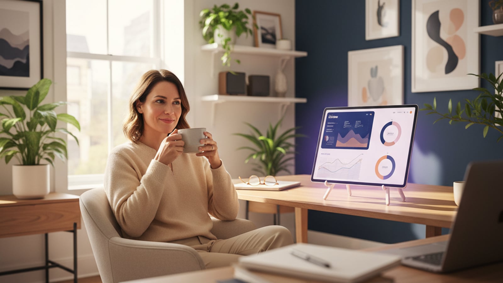 Confident small business owner sips coffee, tablet showing a colorful dashboard — a successful ai chat assistant for small business.
