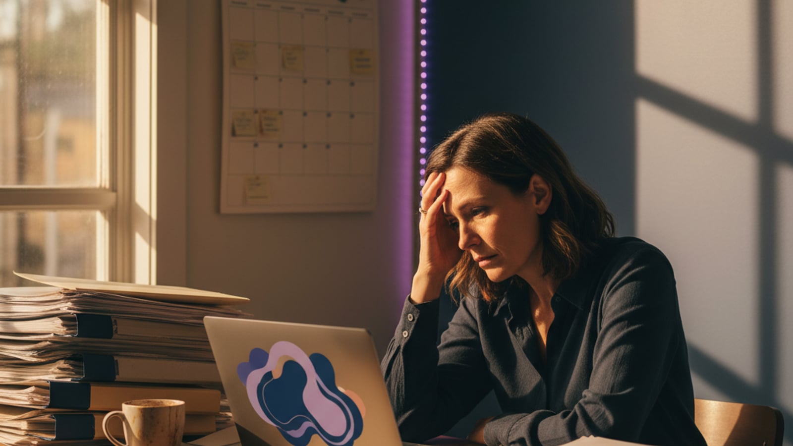 A stressed small business owner at a cluttered desk, overwhelmed by forgotten tasks, struggling with a customer retention system for small business.