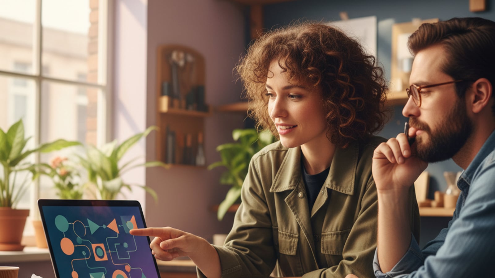 Two people collaborate, reviewing an abstract flow chart on a laptop, setting up an efficient customer retention system for small business.