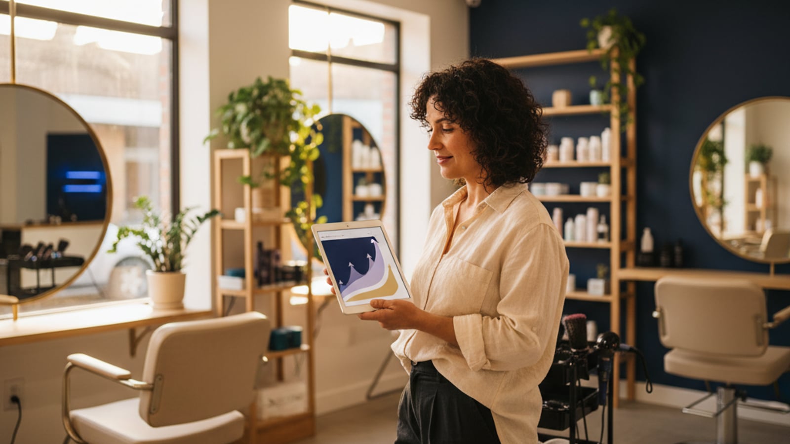 Confident small business owner in her bright salon smiles at a tablet showing positive trends — a customer retention system for small business.