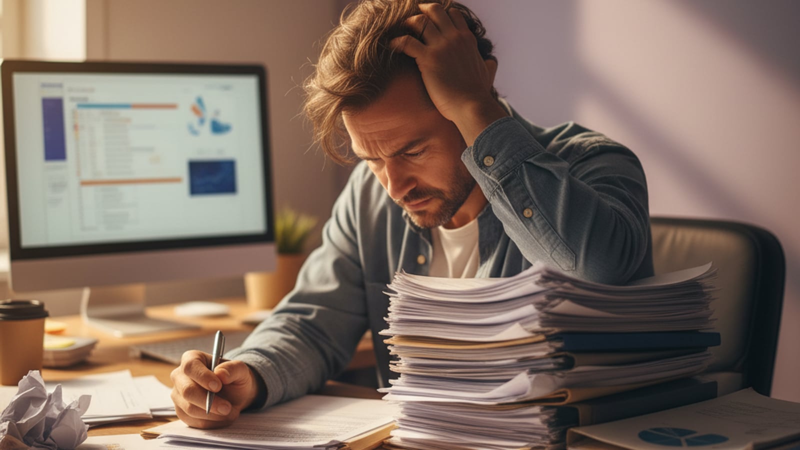 A small business owner at a cluttered desk, overwhelmed by stacks of paper forms and the manual burden of document automation.