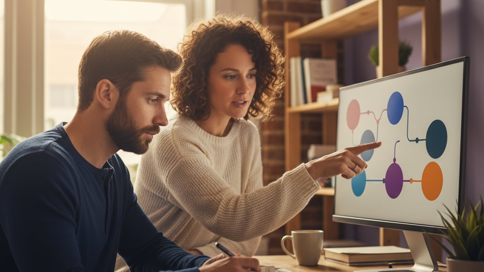 Two small business team members collaborating at a workstation, pointing at a monitor with abstract data, setting up document automation.