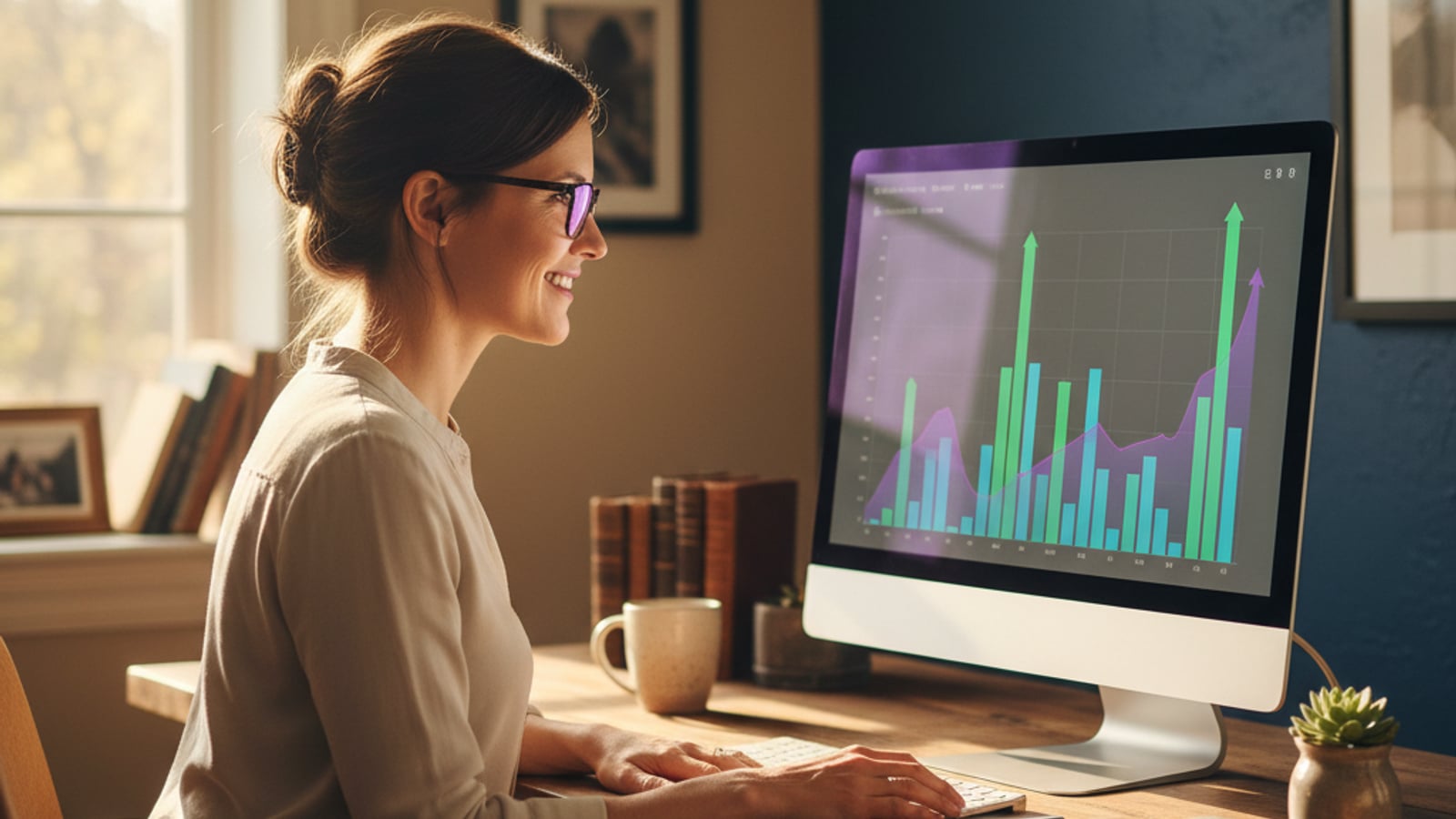 A calm small business owner smiles at a clean desk, viewing a simple dashboard, reflecting the efficiency of document automation.