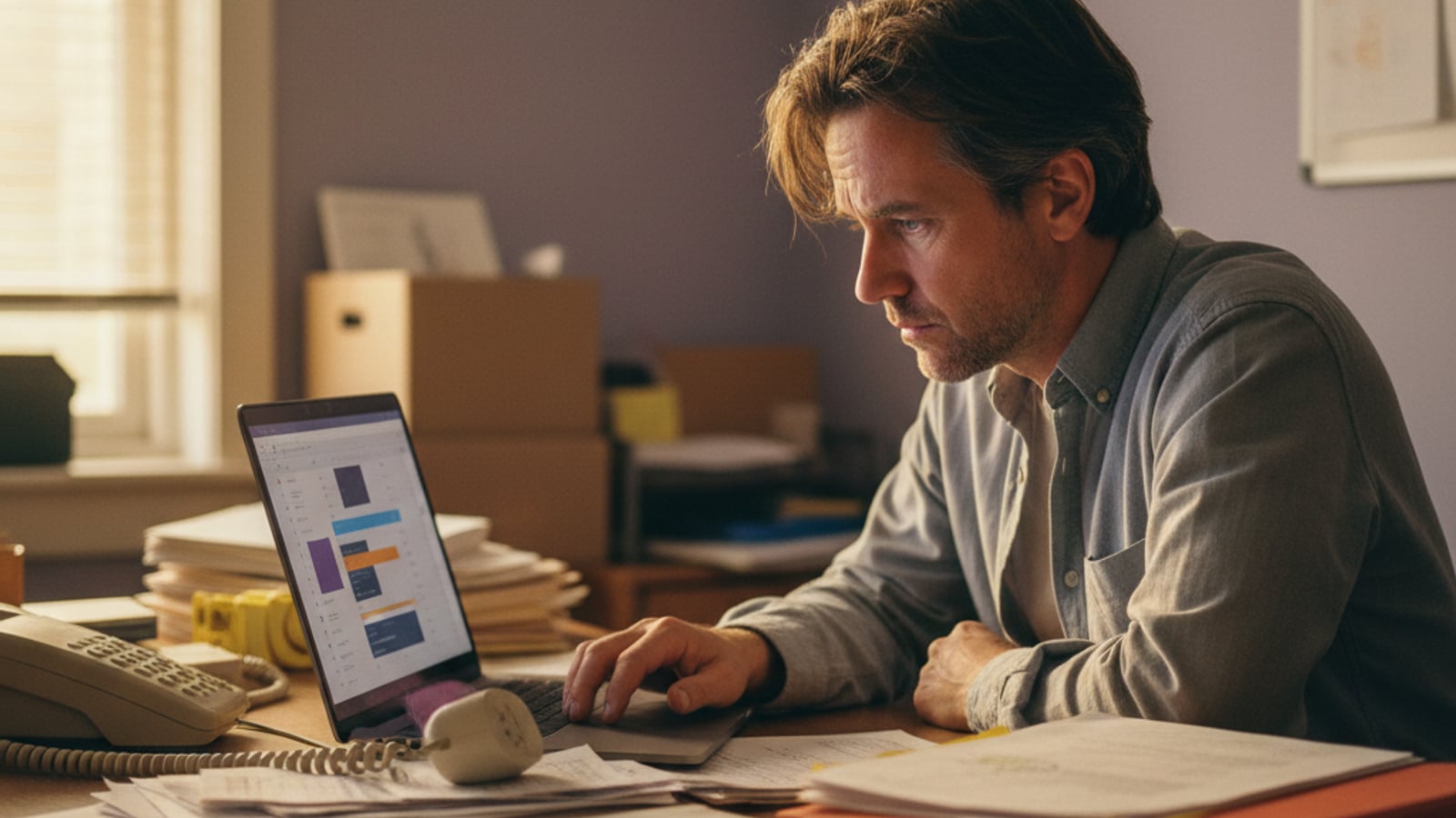 Stressed small business owner at a cluttered desk, phone ringing unanswered, looking at an unread inbox — lost opportunities in lead nurture.