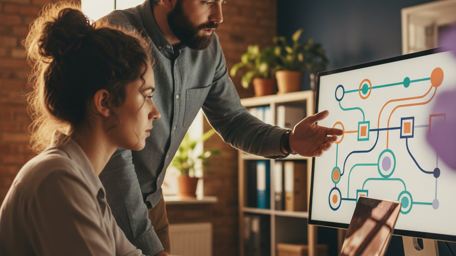 Two professionals intently collaborating on a laptop and monitor, setting up a lead nurture autopilot system for a small business.