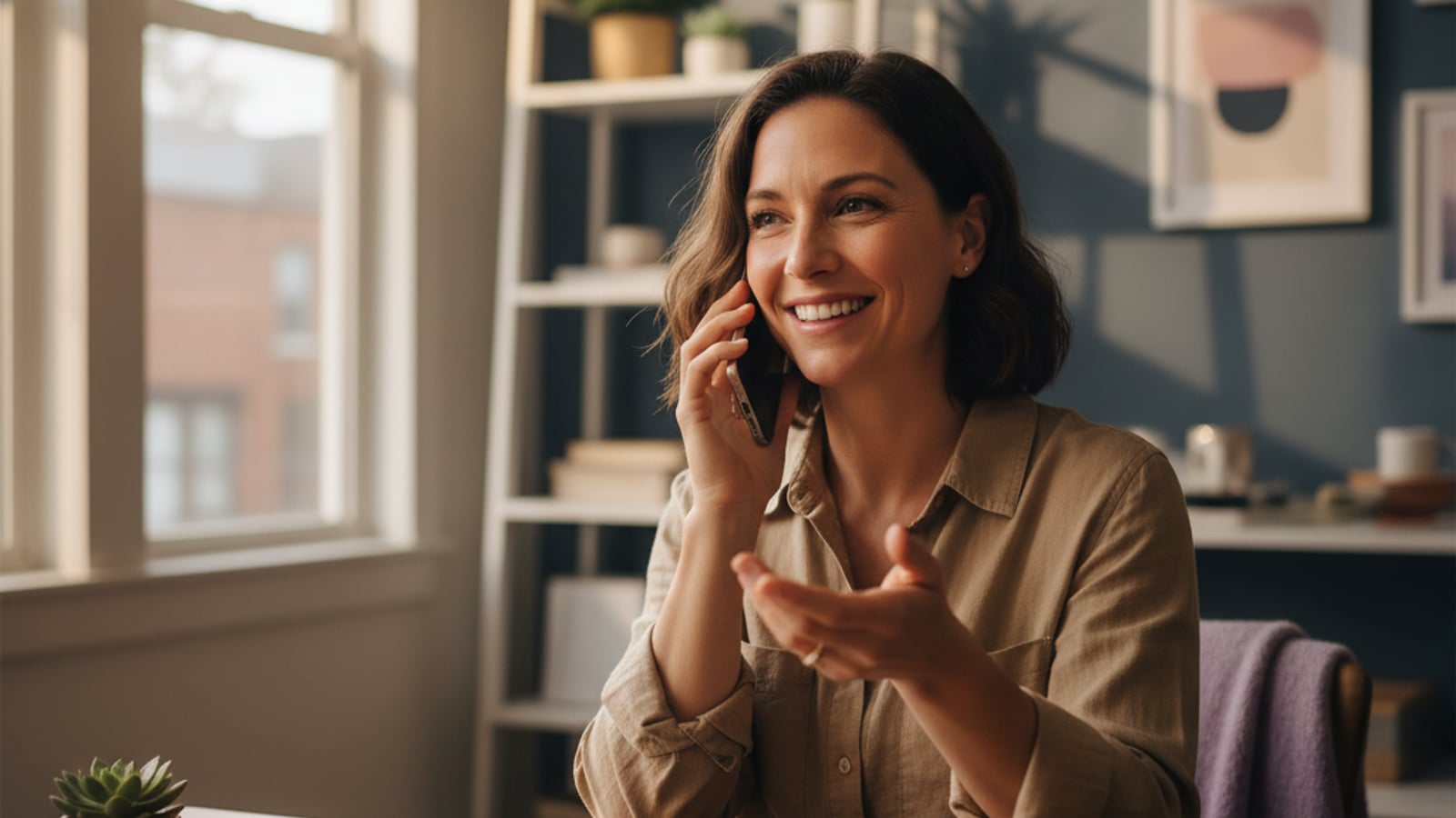 A confident small business owner in a bright office, calmly on the phone with a customer, benefiting from a well-oiled lead nurture autopilot.