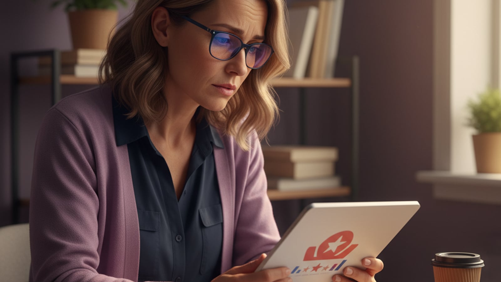 Worried small business owner views a tablet with a low star rating — concern over review and reputation management for small business.