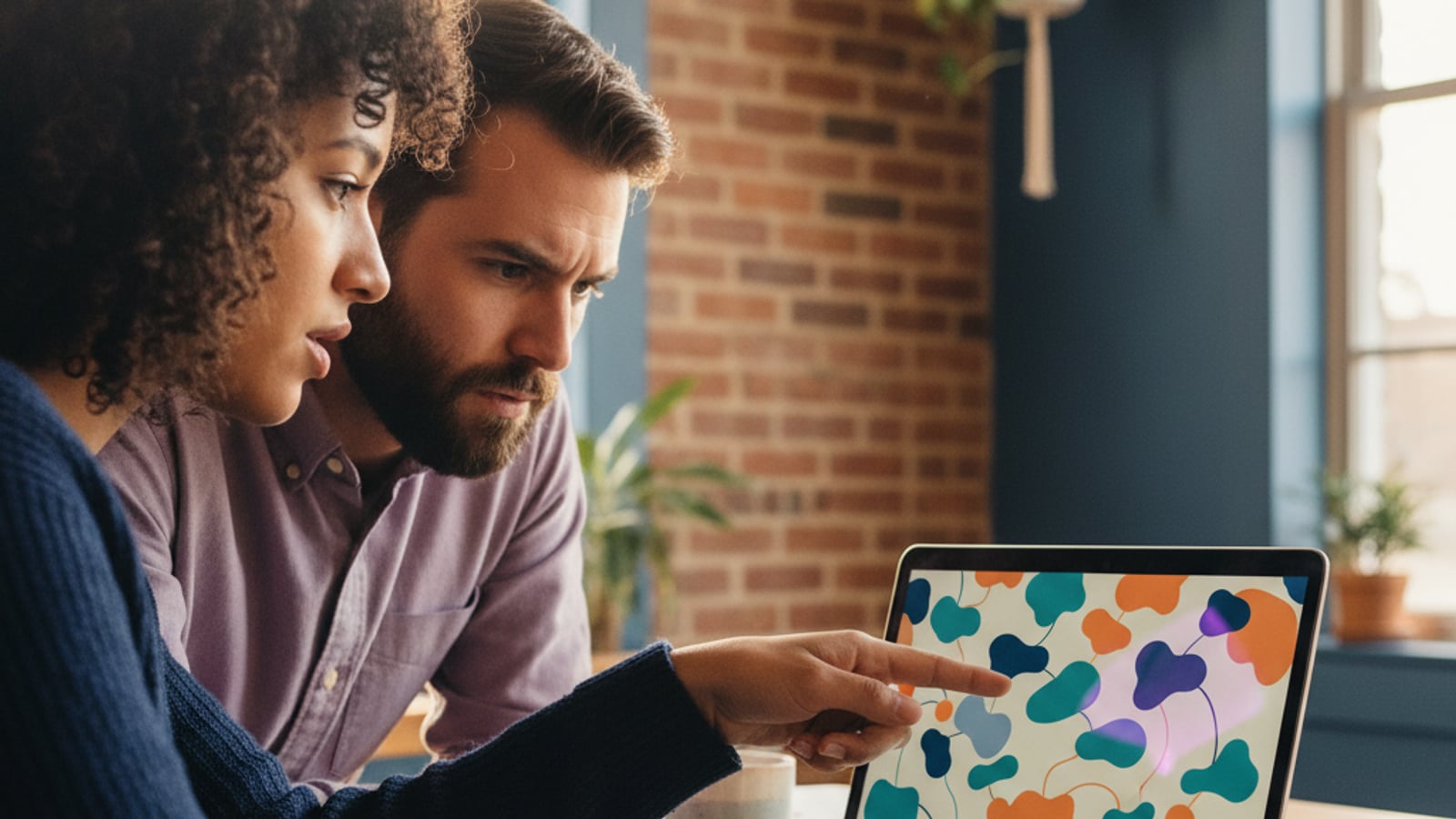 Two team members collaborate, pointing at a laptop screen with charts, implementing review and reputation management for their small business.