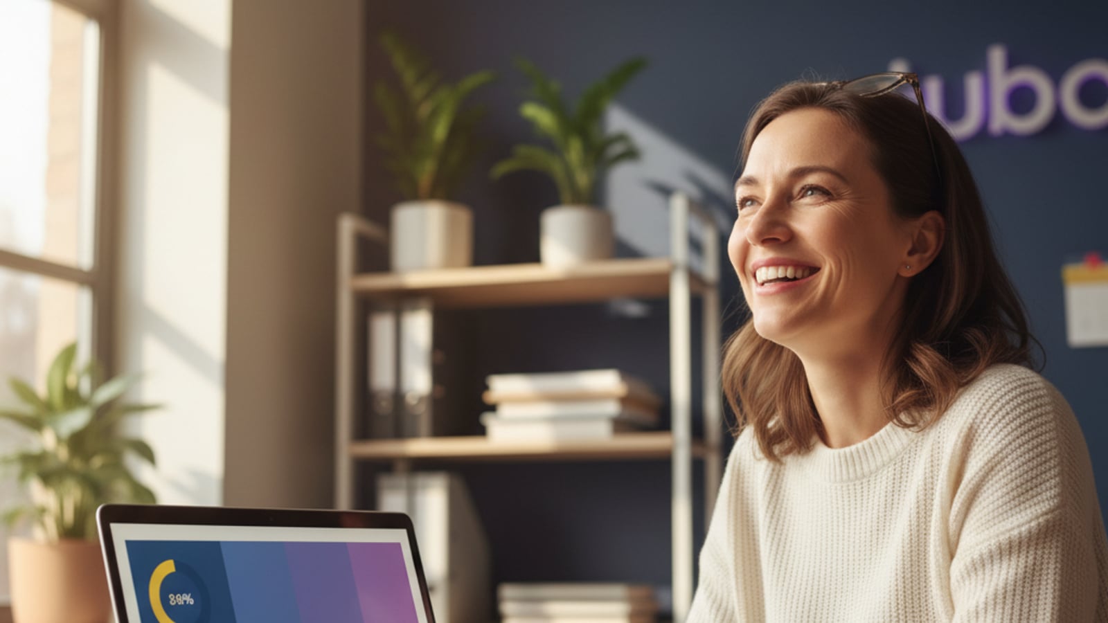 Smiling small business owner looks at a laptop with a high-rated dashboard — successful review and reputation management for small business.