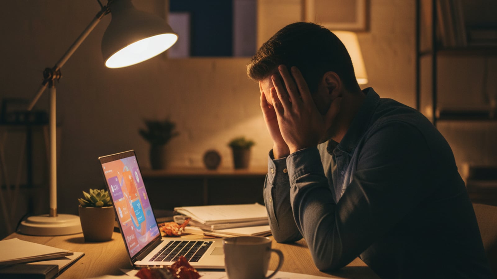 A weary small business owner, illuminated by a laptop screen with abstract colorful shapes, looks overwhelmed by the demands of social media.