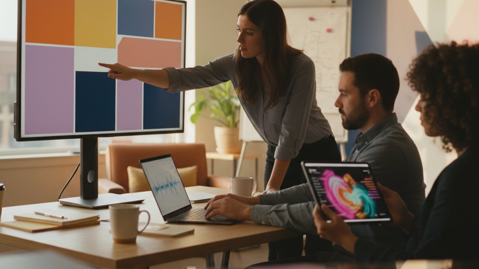 Three focused content strategists collaborate around a large monitor displaying colorful, abstract content calendar blocks for a small business.
