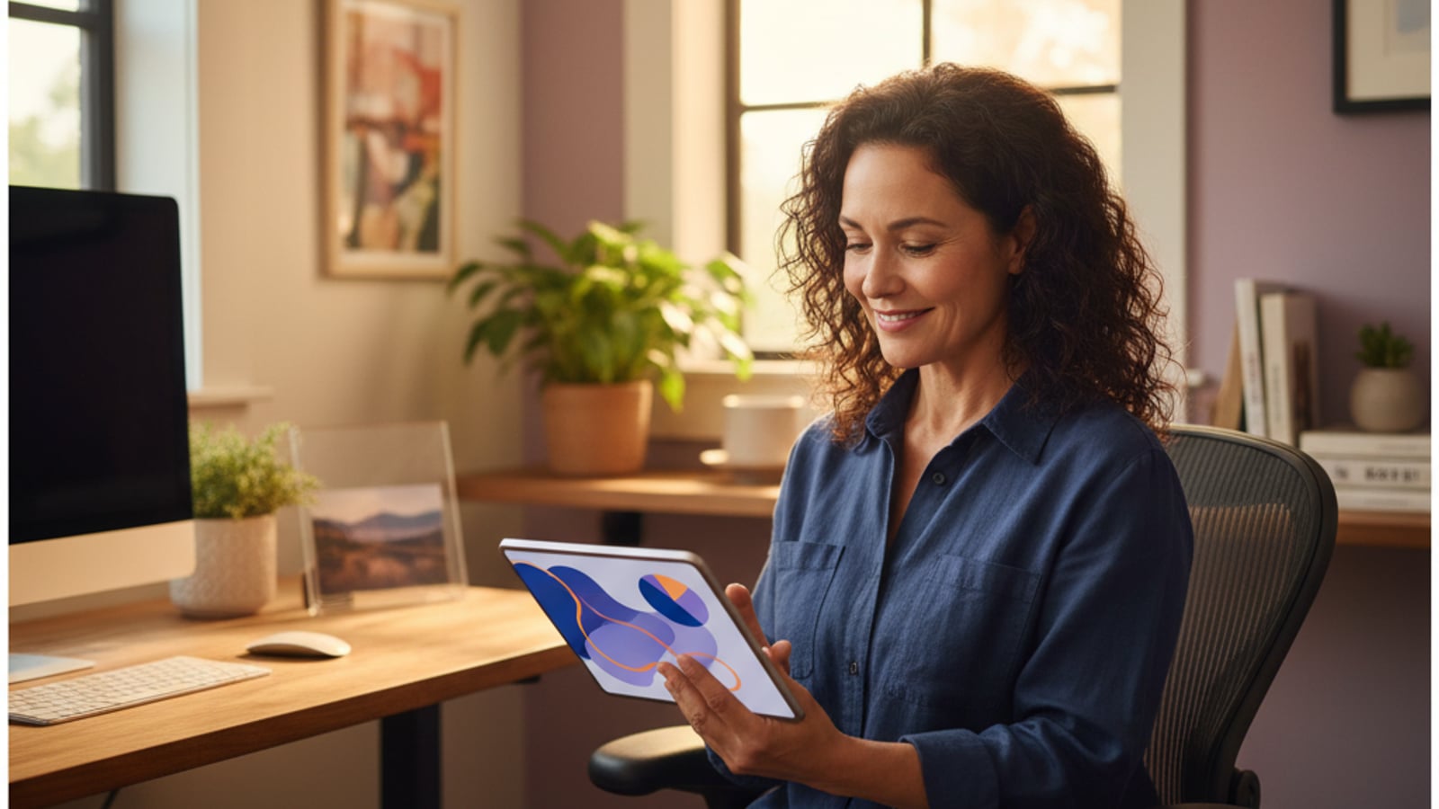 A calm small business owner smiles, seeing positive results on a tablet displaying a vibrant, abstract social media dashboard.
